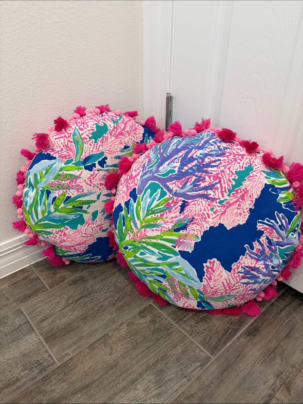 Lilly Pulitzer Round Tropical Tassel Pillow in Pink, Blue & Green